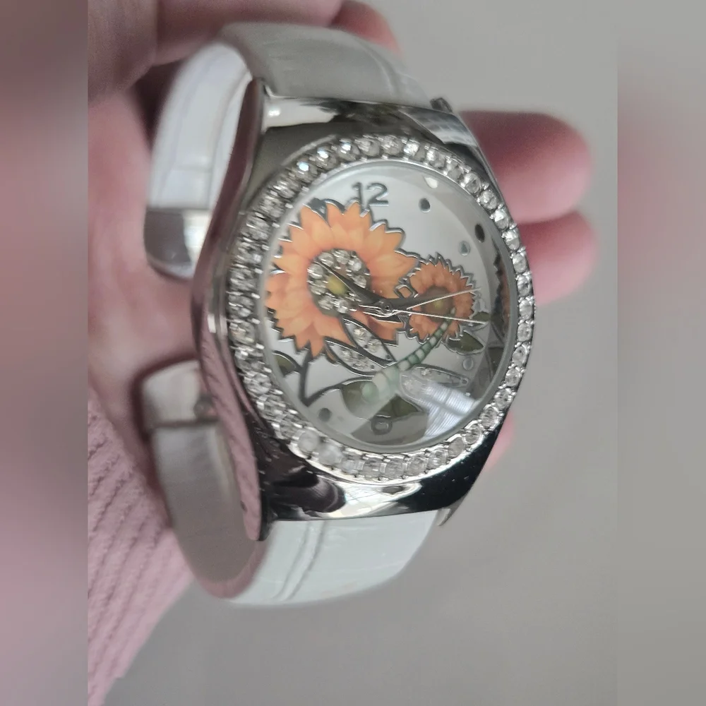 Sunflower Dragonfly Rhinestone Watch Silver NWOT